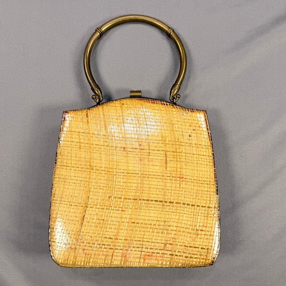 Vintage 1950s Woven Straw Accordion Handbag Brown Brass Ring Handle 8x7 Small
